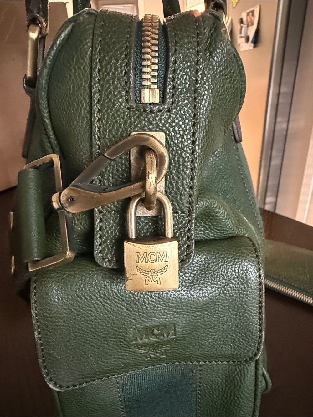 MCM Dark Green Leather Satchel with Removable Canvas Strap - Picture 12 of 16